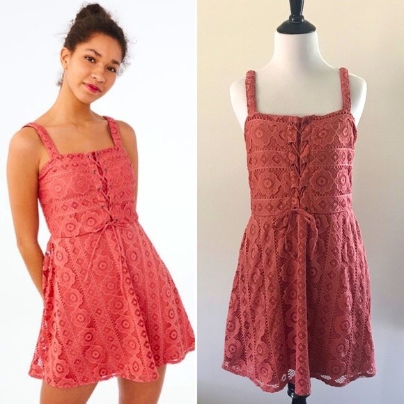 Aeropostale Dresses & Skirts - Aeropostale Coral Pink Square Neck Lace Corset Fit & Flare Mini Dress - Large